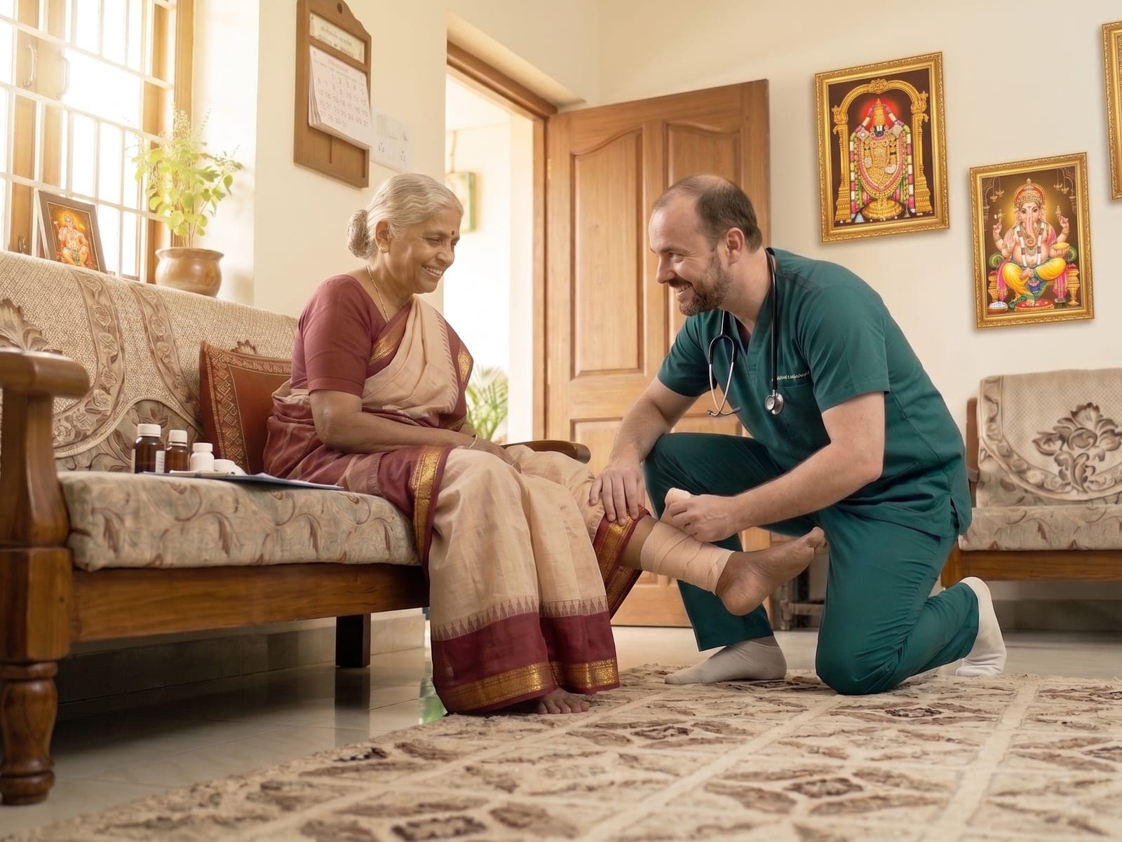 Physiotherapist wrapping a senior woman's ankle support at home