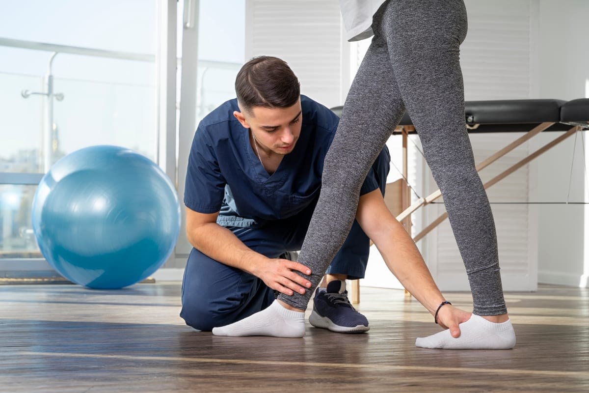 Provider assessing a patient's ankle during a home orthotics session